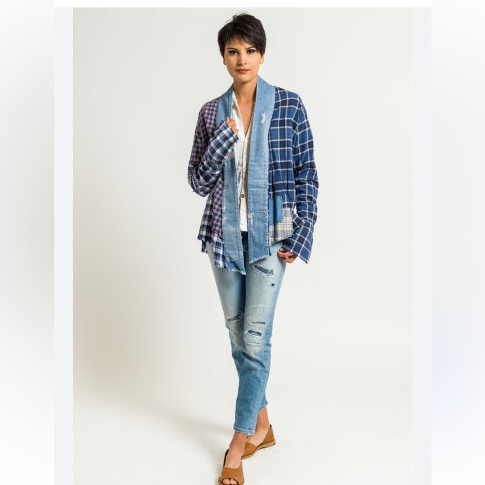 Denim & Red Plaid Open Front Women's Jacket - Picture 6 of 16